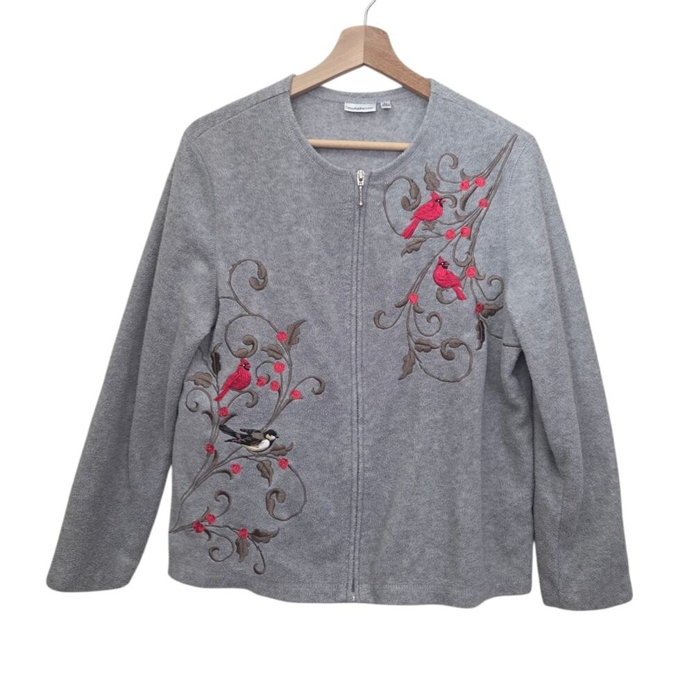 Croft & Barrow Embroidered Bird Zip Front Lightweight Soft Cardigan LARGE Petite